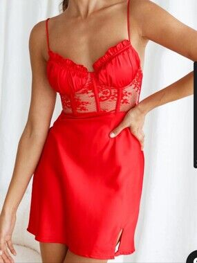 NWT Selfie Leslie Red Lace Satin Slip Dress Small Coquette Lingerie Inspired